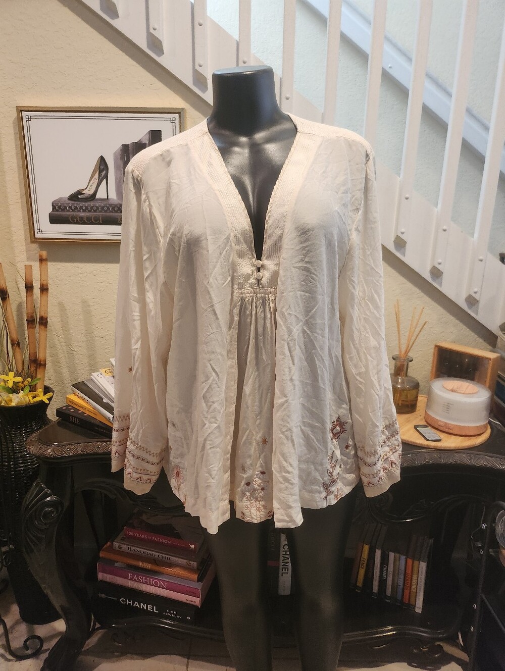 Johnny Was Calme Embroidered Blouse Peasant Boho Ethnic size XL